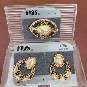 1928 Gold and Cream Brooch and Earring Set
